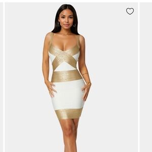 bebe Metallic Gold and White Striped Mini Dress